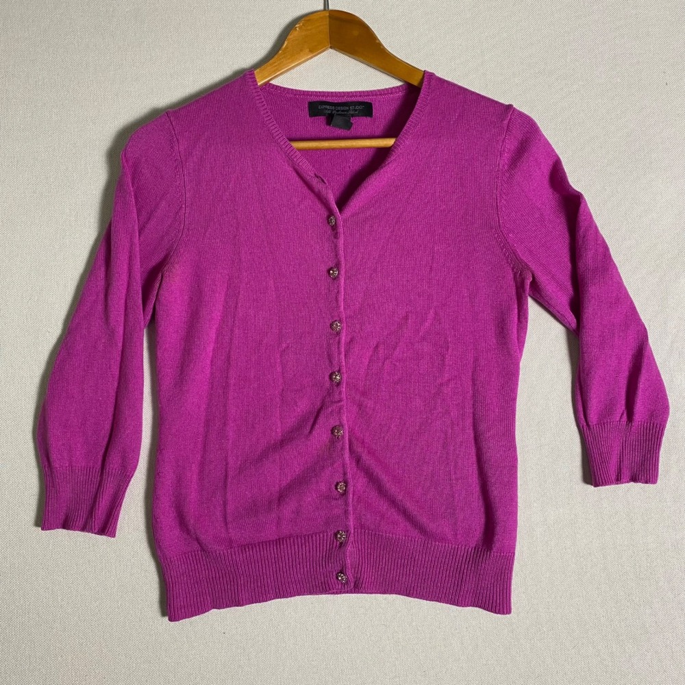 Express Design Studio Silk Cashmere Blend‎ Cardigan Pink Rhinestone Button M